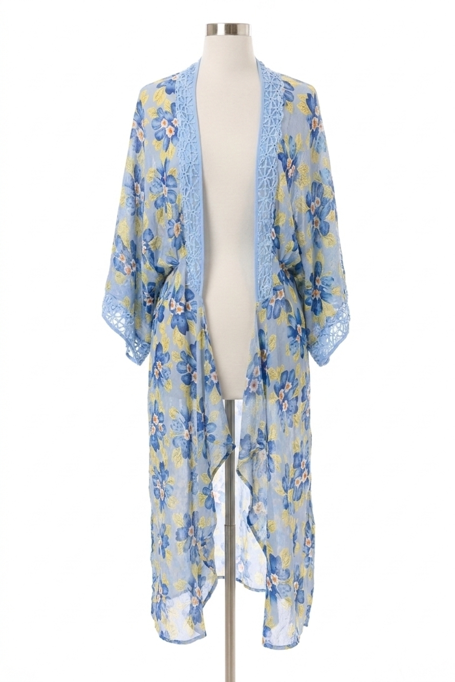 NEW UMGEE sheer floral print open front kimono with crochet detail in sky